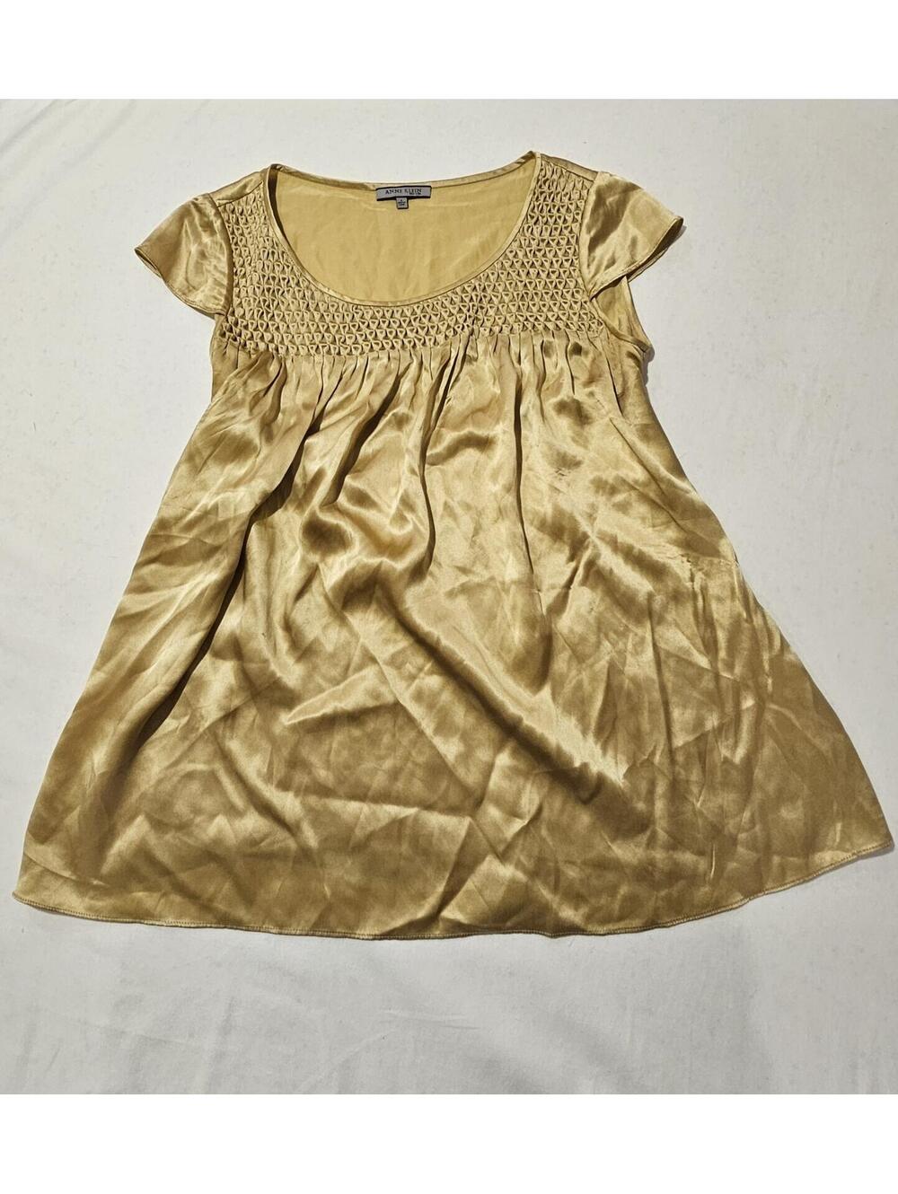 Anne Klein Gold Satin Cap Sleeve Blouse with Crocheted Yoke Size 6